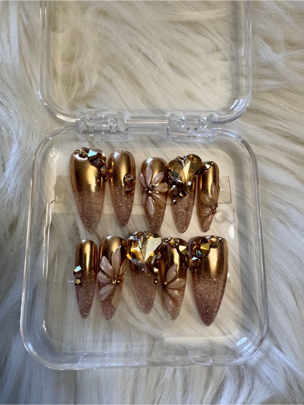 Gold Floral and Heart Rhinestone Press-On Nail Set